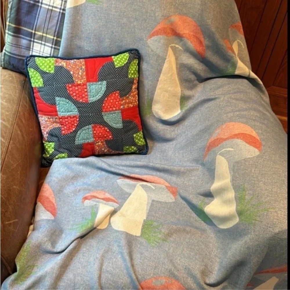 Antique Quilt Pillow 18x18 Mushroom + Polka Dots 2 Sides Blue Red Green Handmade